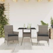 vidaXL Matgrupp för trädgården med dynor 3 delar grå konstrotting&glas