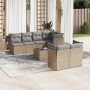 vidaXL Matgrupp för trädgården med dynor 8 delar beige konstrotting