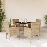 vidaXL Matgrupp för trädgård med dynor 5 delar beige konstrotting&glas