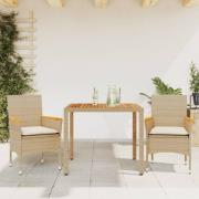 vidaXL Matgrupp för trädgården 3 delar med dynor beige konstrotting