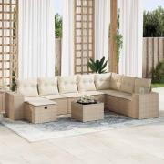 vidaXL Soffgrupp för trädgården med dynor 9 delar beige konstrotting