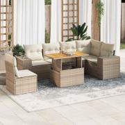 vidaXL Matgrupp för trädgården med dynor 7 delar beige konstrotting