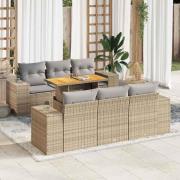 vidaXL Matgrupp för trädgården med dynor 7 delar beige konstrotting