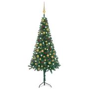 vidaXL Plastgran för hörn med LED och julgranskulor grön 150 cm PVC