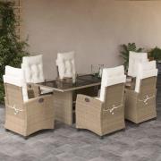vidaXL Matgrupp för trädgården med dynor 7 delar beige konstrotting