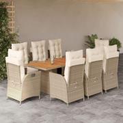 vidaXL Matgrupp för trädgården med dynor 9 delar beige konstrotting