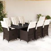 vidaXL Matgrupp för trädgården med dynor 9 delar konstrotting brun