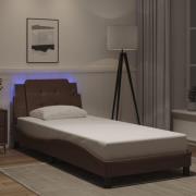 vidaXL Sängram med LED-belysning brun 100x200 cm konstläder