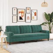vidaXL 3-sitssoffa med prydnadskuddar mörkgrön 210 cm sammet
