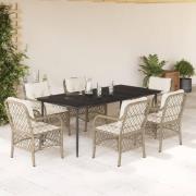 vidaXL Matgrupp för trädgården med dynor 7 delar beige konstrotting