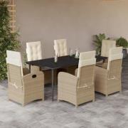 vidaXL Matgrupp för trädgården med dynor 7 delar beige konstrotting