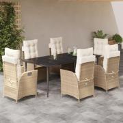 vidaXL Matgrupp för trädgården med dynor 7 delar beige konstrotting