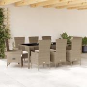 vidaXL Matgrupp för trädgården med dynor 9 delar beige konstrotting