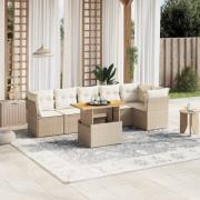 vidaXL Matgrupp för trädgården med dynor 7 delar beige konstrotting