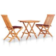 vidaXL Caféset 3 delar med vinröda dynor massiv teak