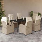 vidaXL Matgrupp för trädgården med dynor 7 delar beige konstrotting