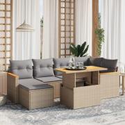 vidaXL Matgrupp för trädgården med dynor 7 delar beige konstrotting