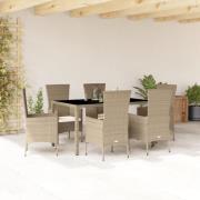 vidaXL Matgrupp för trädgården med dynor 7 delar beige konstrotting