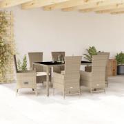vidaXL Matgrupp för trädgården med dynor 7 delar beige konstrotting