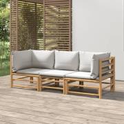 vidaXL Loungegrupp för trädgården 3 delar ljusgråa dynor bambu