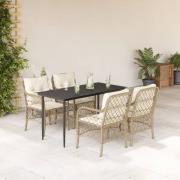vidaXL Matgrupp för trädgården med dynor 5 delar beige konstrotting
