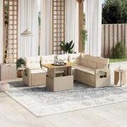 vidaXL Matgrupp för trädgården med dynor 7 delar beige konstrotting