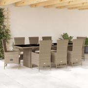 vidaXL Matgrupp för trädgården med dynor 9 delar beige konstrotting