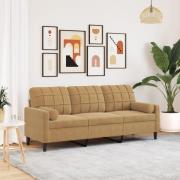 vidaXL 3-sitssoffa med prydnadskuddar brun 180 cm sammet