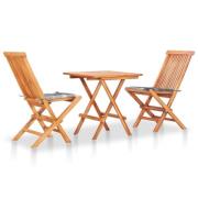 vidaXL Caféset 3 delar med dynor grått rutmönster massiv teak