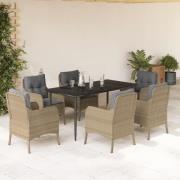 vidaXL Matgrupp för trädgården med dynor 7 delar beige konstrotting