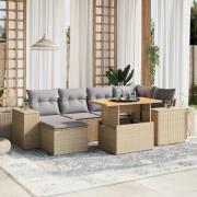 vidaXL Matgrupp för trädgården med dynor 7 delar beige konstrotting