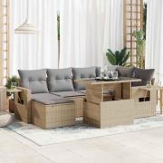 vidaXL Matgrupp för trädgården med dynor 7 delar beige konstrotting