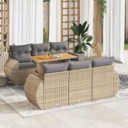 vidaXL Matgrupp för trädgården med dynor 7 delar beige konstrotting