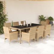 vidaXL Matgrupp för trädgård med dynor 9 delar beige konstrotting&glas