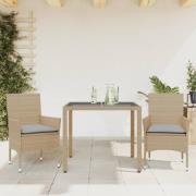 vidaXL Matgrupp för trädgård med dynor 3 delar beige konstrotting&glas