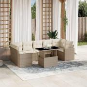 vidaXL Matgrupp för trädgården med dynor 8 delar beige konstrotting