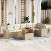 vidaXL Matgrupp för trädgården med dynor 7 delar beige konstrotting
