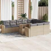 vidaXL Loungegrupp för trädgården m. dynor 11 delar beige konstrotting