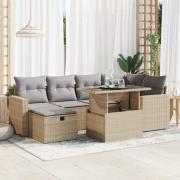vidaXL Matgrupp för trädgården med dynor 7 delar beige konstrotting