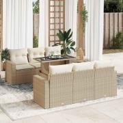 vidaXL Matgrupp för trädgården med dynor 7 delar beige konstrotting