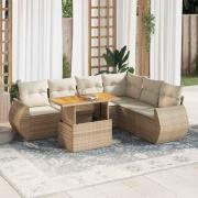 vidaXL Matgrupp för trädgården med dynor 7 delar beige konstrotting