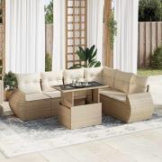 vidaXL Matgrupp för trädgården med dynor 7 delar beige konstrotting