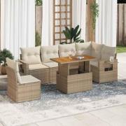 vidaXL Matgrupp för trädgården med dynor 7 delar beige konstrotting