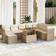 vidaXL Soffgrupp för trädgården med dynor 9 delar beige konstrotting