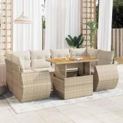 vidaXL Matgrupp för trädgården med dynor 7 delar beige konstrotting