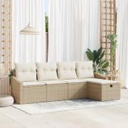 vidaXL 5-delars trädgårdsoffset med kuddar beige poly rattan