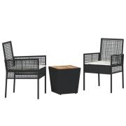 vidaXL 3-delars trädgårdsbistro set med kuddar svart polyrotting