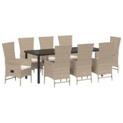 vidaXL 9 Delars Trädgårdsmiddagsset med Kuddar Beige Poly Rattan