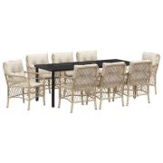 vidaXL 9-delars trädgårdsdining-set med kuddar beige poly-rattan