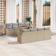 vidaXL 9-delars trädgårdsmatsalsset med kuddar beige poly rattan akaci...